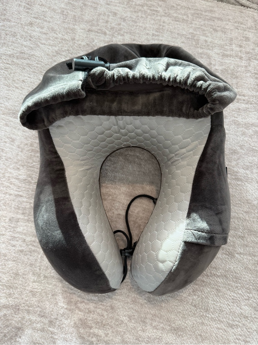GFORCE Gray Quilted Hooded Travel Neck Pillow with carry case.
